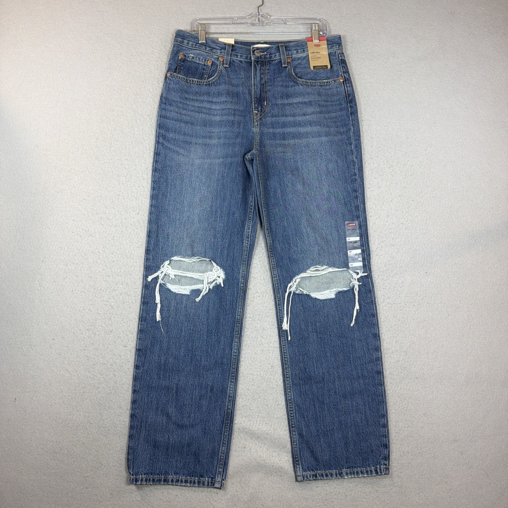 Levi's Women's Low Pro Straight Jeans Med Wash Relaxed Mid Rise 30 Distress NWT